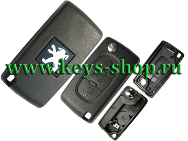 Корпус ключа Пежо (Peugeot) с выкидным лезвием HU83 / 3 кнопки / крепление батарейки на корпусе / средняя кнопка "БАГАЖНИК"