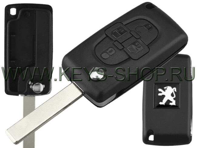 Корпус ключа Пежо 807, 1007, 5008 (Peugeot 807, 1007, 5008) с выкидным лезвием HU83 / 4 кнопки / крепление батарейки на плате