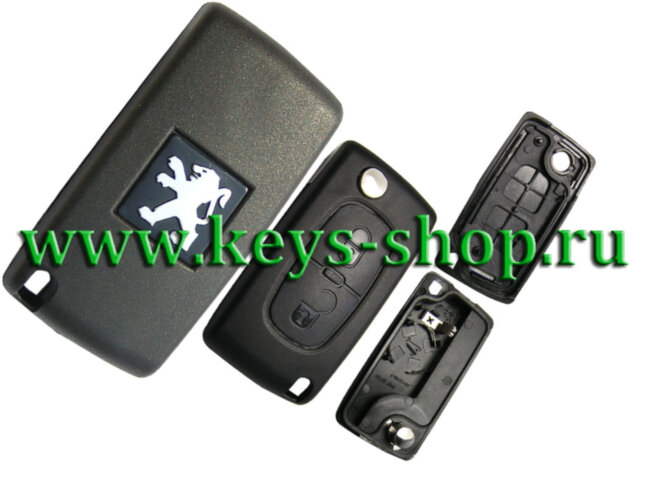 Корпус ключа Пежо (Peugeot) с выкидным лезвием HU83 / 2 кнопки / крепление батарейки на корпусе