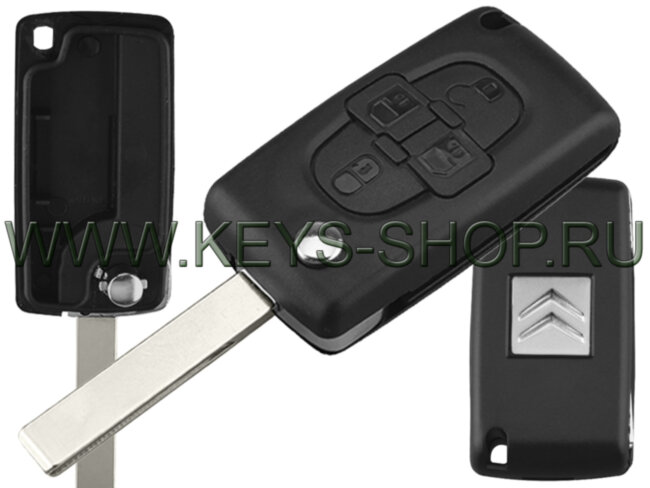 Корпус ключа Ситроен C8 (Citroen C8) с выкидным лезвием HU83 / 4 кнопки / крепление батарейки на плате