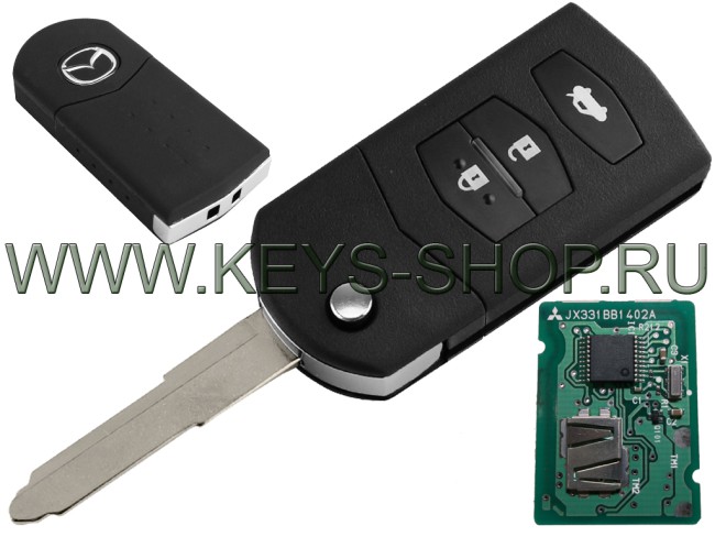 Выкидной Ключ Мазда 2, 3, 6, MX-5 (Mazda 2, 3, 6, MX-5) MAZ24 / ID63 / 433MHz Европа / 3 кнопки / NE85-67-5RYB + G28A-58-2GX / MITSUBISHI SYSTEM / Б/У - Восстановленный