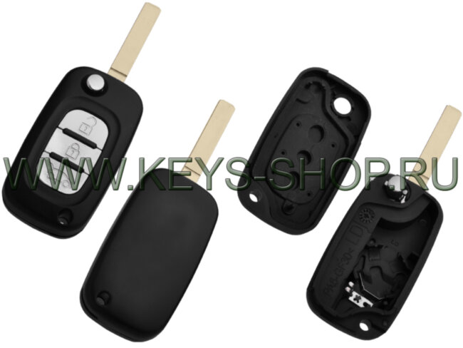 Корпус выкидного ключа Рено (Renault) лезвие VA2 | 3 кнопки | контакт "+" батарейки слева | без логотипа